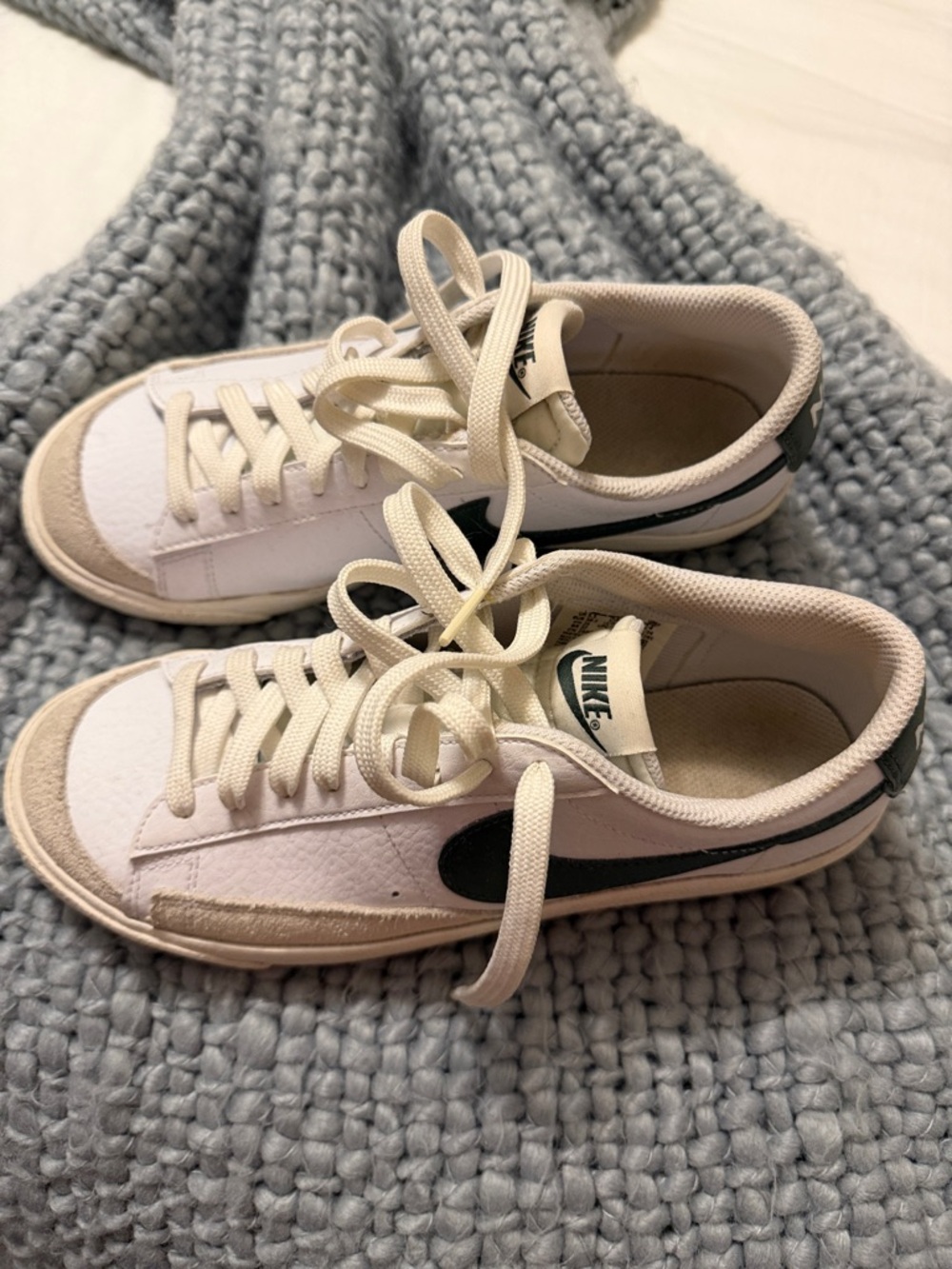 Nike Kids White Sneakers with Green Swoosh and Cream Accents